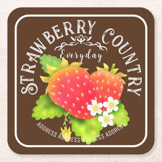 Strawberry Brown Square Paper Coaster (Front)