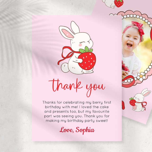Strawberry Bunny 1st Birthday Photo Thank You Card (Creator Uploaded)