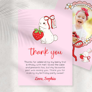 Strawberry Bunny Birthday Photo Thank You Card