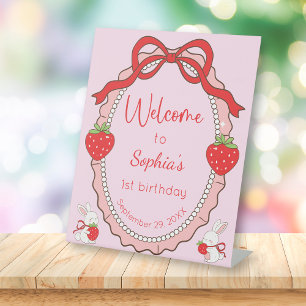 Strawberry Bunny Pink Frame Welcome Birthday Pedestal Sign