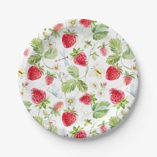 Strawberry Butterfly Dragonfly White Flower Floral Paper Plate