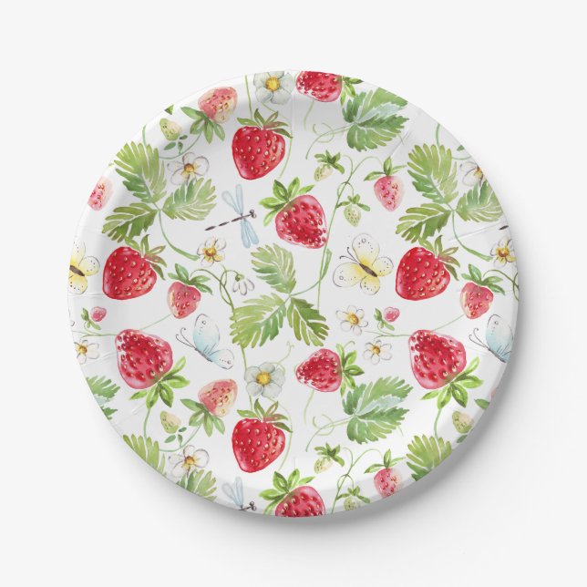 Strawberry Butterfly Dragonfly White Flower Floral Paper Plate (Front)