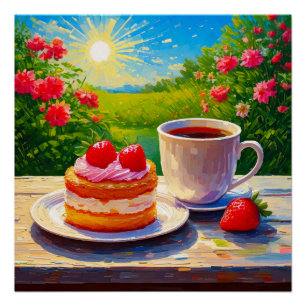 Strawberry Cake and Coffee Delight Poster