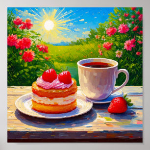 Strawberry Cake and Coffee Delight Poster