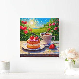 Strawberry Cake and Coffee Delight Square Wall Clock