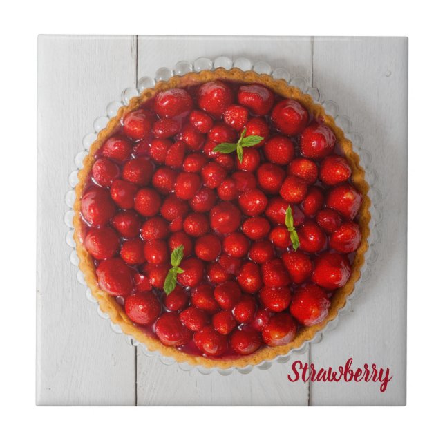 Strawberry cake with mint on white wood ceramic tile (Front)