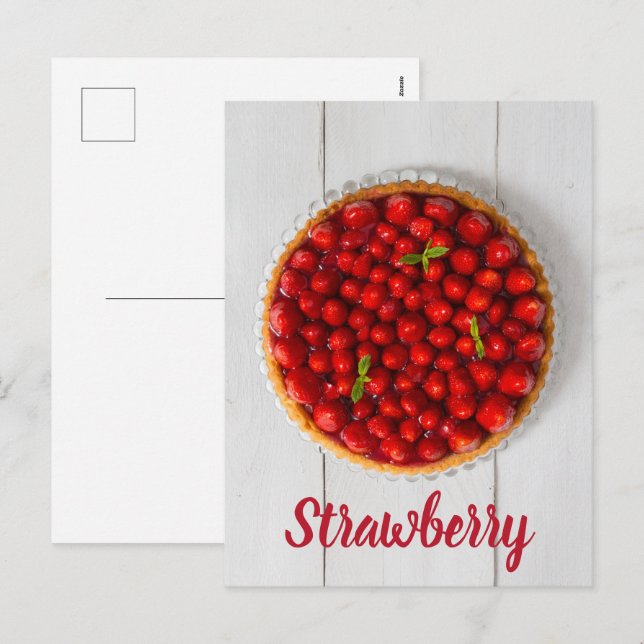 Strawberry cake with mint on white wood holiday postcard (Front/Back)