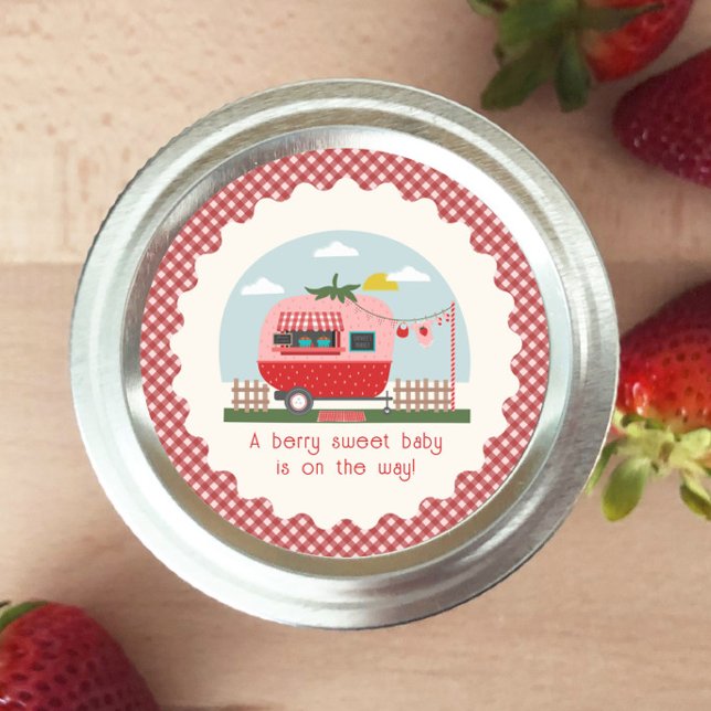 Strawberry Camper Gingham Berry Sweet Baby Shower Classic Round Sticker (Creator Uploaded)