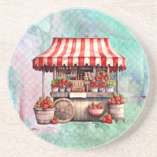 Strawberry Cart Watercolor  Coaster (Front)