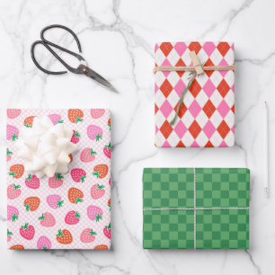 Strawberry Checks & Argyle Christmas Pink Green Wrapping Paper Sheet