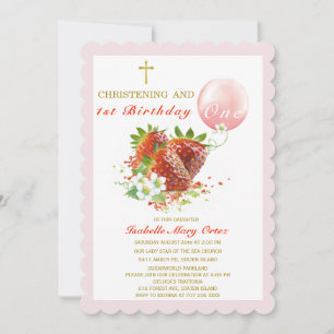 Strawberry Christening and First Birthday Invitation