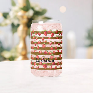 Strawberry Cocoa Stripes Personalise Can Glass