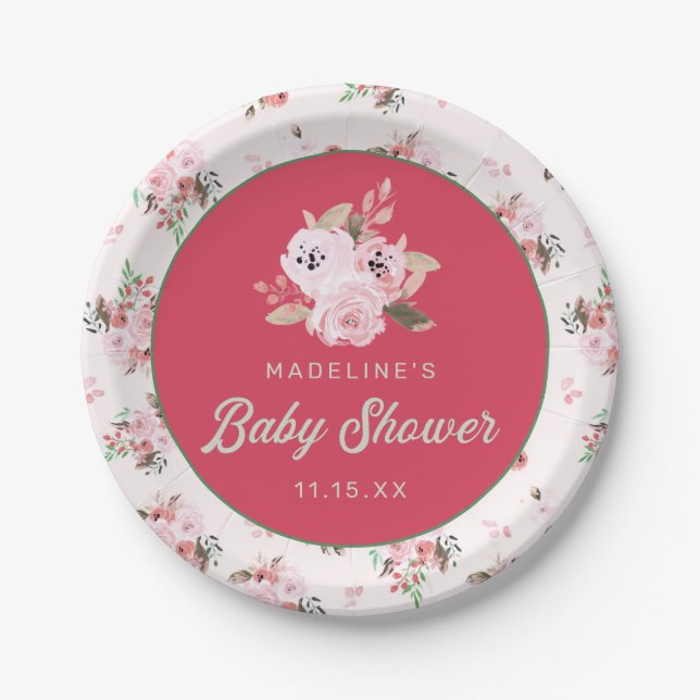 Strawberry Coral Pink & Green Floral Baby Shower Paper Plate (Front)