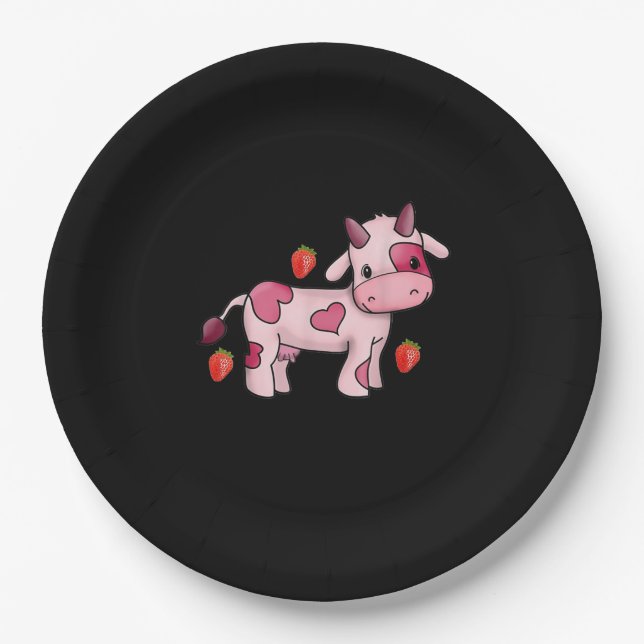 Strawberry Cow Cute Pink Cow Paper Plate (Front)