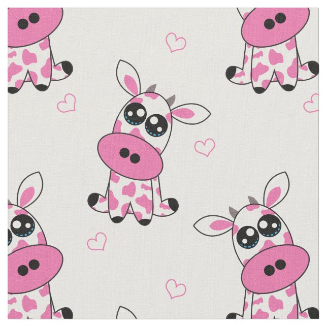 Strawberry Cows with hearts on white, custom size Fabric (Close Up)