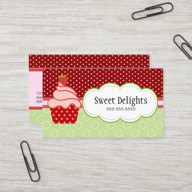 Strawberry Cupcake Bakery Business Card (Front/Back In Situ)