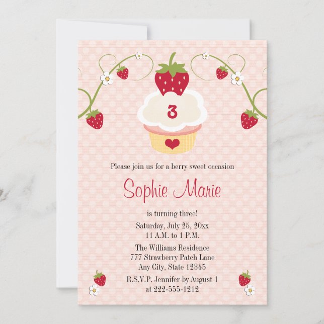 Strawberry Cupcake Birthday Photo Invitation (Front)
