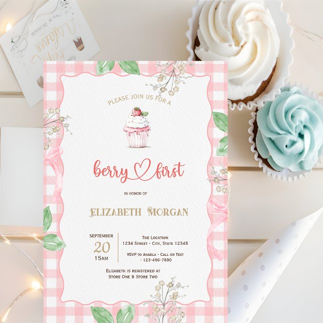 Strawberry Cupcake Frame Plaid Baby Shower  Invitation (Creator Uploaded)
