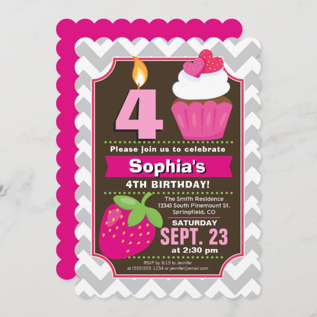 Strawberry Cupcake Girl Birthday Invitation (Front/Back)