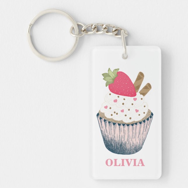 Strawberry Cupcake Keychain – Cute Pink Party Favo (Front)