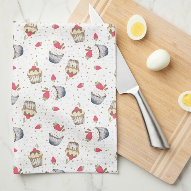 Strawberry Cupcake Kitchen Towel – Cute Colourful  (Quarter Fold)