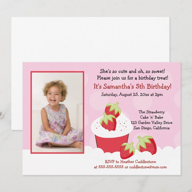 Strawberry Cupcake Photo Birthday Invitation (Front/Back)