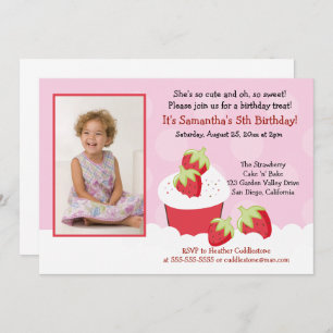 Strawberry Cupcake Photo Birthday Invitation