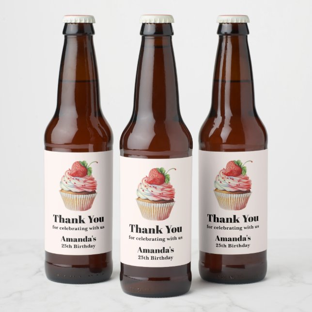 Strawberry Cupcake Sweet Dessert Birthday Beer Bottle Label (Bottles)