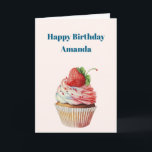 Strawberry Cupcake Sweet Dessert Birthday Card<br><div class="desc">Birthday card with a yummy illustration featuring a delicious looking cupcake. White cream and a big strawberry adorn this yummy sweet treat.</div>