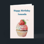 Strawberry Cupcake Sweet Dessert Birthday Card<br><div class="desc">Birthday card with a yummy illustration featuring a delicious looking cupcake. White cream and a big strawberry adorn this yummy sweet treat.</div>