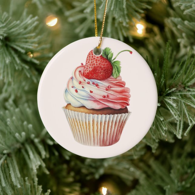 Strawberry Cupcake Sweet Dessert Ceramic Ornament (Tree)