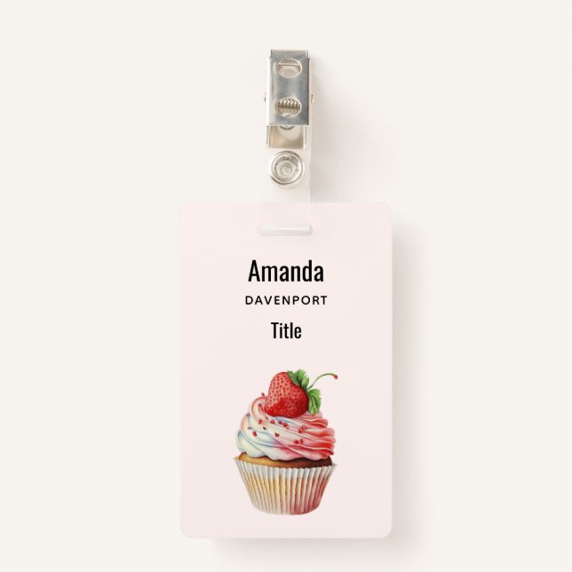 Strawberry Cupcake Sweet Dessert ID Badge (Front with Clip)