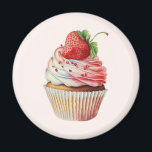 Strawberry Cupcake Sweet Dessert Magnet<br><div class="desc">Magnet with a yummy illustration featuring a delicious looking cupcake. White cream and a big strawberry adorn this yummy sweet treat.</div>