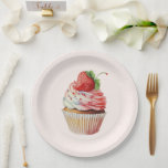 Strawberry Cupcake Sweet Dessert Paper Plate<br><div class="desc">Paper plates with a yummy illustration featuring a delicious looking cupcake. White cream and a big strawberry adorn this yummy sweet treat.</div>
