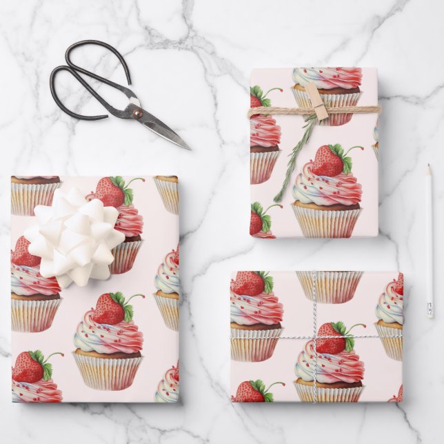 Strawberry Cupcake Sweet Dessert Pattern Wrapping Paper Sheet (Front)