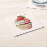 Strawberry Cupcake Sweet Dessert Square Paper Coaster<br><div class="desc">Paper (sturdy pulp board) coasters with a yummy illustration featuring a delicious looking cupcake. White cream and a big strawberry adorn this yummy sweet treat.</div>