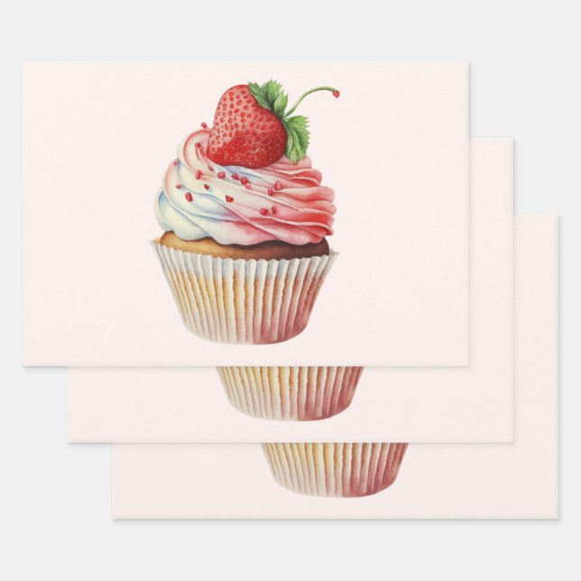 Strawberry Cupcake Sweet Dessert Wrapping Paper Sheet (Set)
