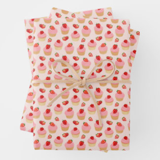 Strawberry Cupcakes Wrapping Paper Sheet Set of 3