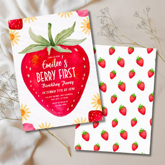 Strawberry & Daisy Berry First Birthday Invitation