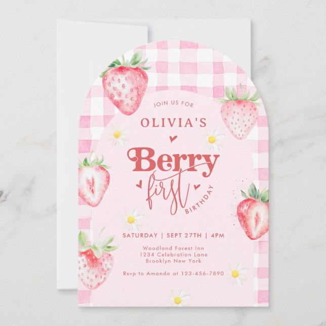 Strawberry Daisy Berry First Photo Arch Birthday Invitation (Front)