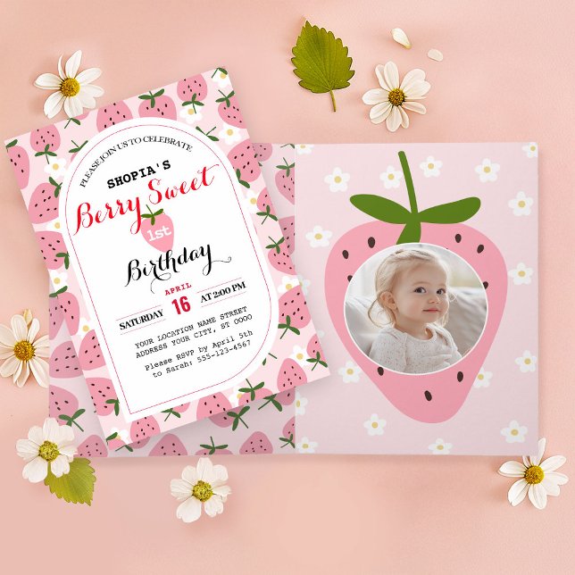 Strawberry Delight First Birthday Folded Invitation (Creator Uploaded)
