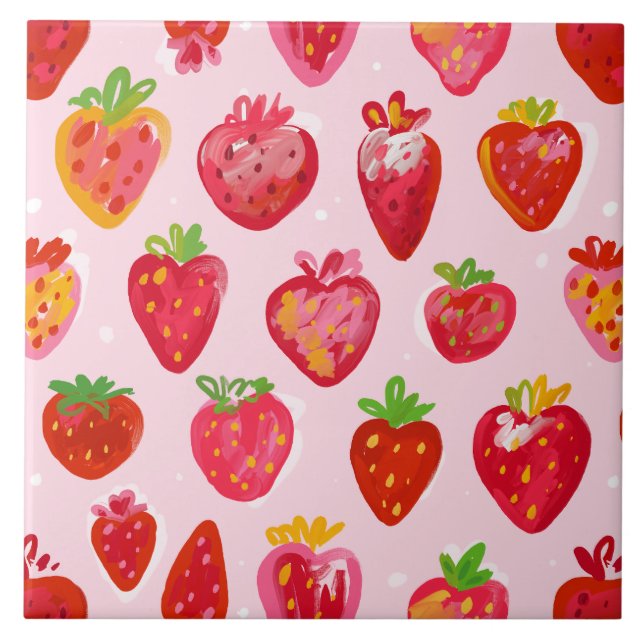 Strawberry Delight Pattern Ceramic Tile (Front)