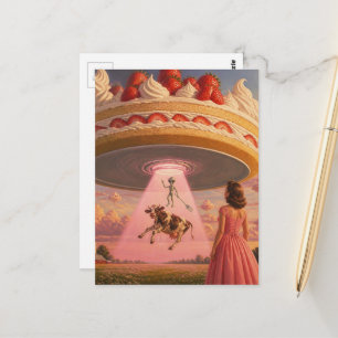 Strawberry Dessert UFO Cow and Alien Woman in Pink Postcard