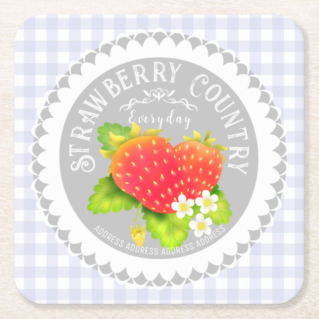 Strawberry Doilies Grey Plaid Square Paper Coaster (Front)