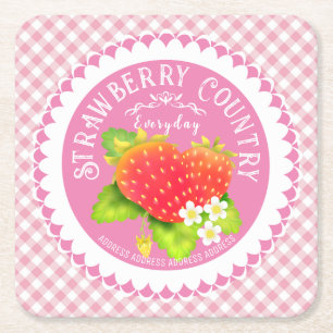 Strawberry Doilies Pink Gingham Square Paper Coaster