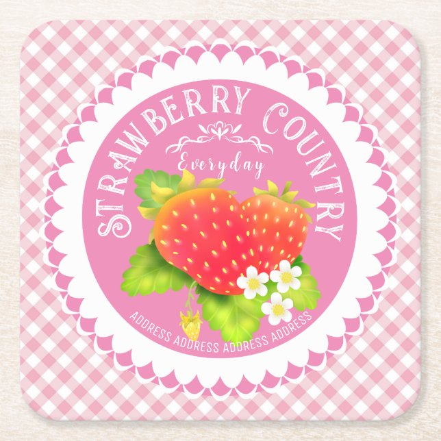 Strawberry Doilies Pink Gingham Square Paper Coaster (Front)