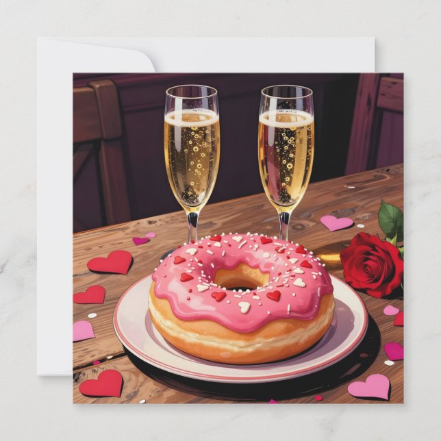 Strawberry Donuts, Champagne and Rose Valentine's  Holiday Card (Front)
