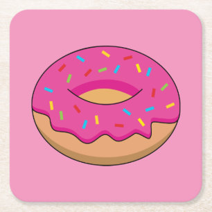 Strawberry Doughnut with Sprinkles Cartoon Square Paper Coaster