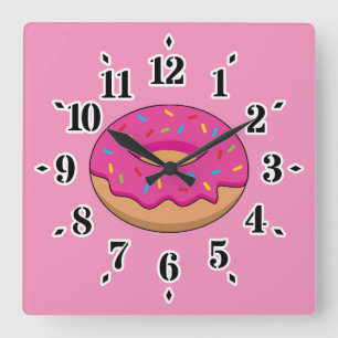 Strawberry Doughnut with Sprinkles Cartoon Square Wall Clock