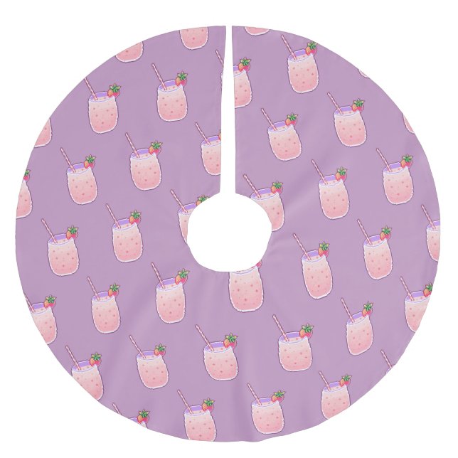 Strawberry Drink Cute Kawaii Pixel Girly Pink Brushed Polyester Tree Skirt (Front)